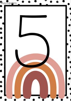 the number five is in front of a white background with black dots and an orange, pink