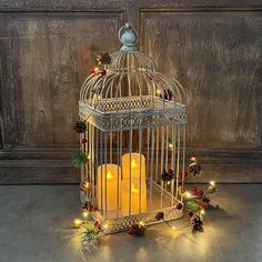 a lit candle in a birdcage with pine cones and berries on the side