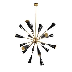 a black and gold chandelier with six lights on each side, in the shape of a starburst