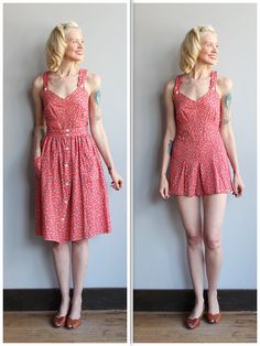 Red Summer Playwear Dress, 50s Playsuit, 1940s Playsuit, Red Rockabilly Summer Dress, Vintage Glam Fashion, Cotton Floral Print Playwear Dress, Skirt With Buttons, 1930s Fashion, 1940s Fashion