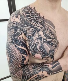 Japanese Dragon Tattoos Chest, Mens Dragon Sleeve Tattoo, Chinese Dragon Chest Tattoo, Dragon Armor Tattoo, Dragon Tattoo Chest To Arm, Chest Dragon Tattoo For Men, Dragon Tattoo Drawing Design, Dragon Tattoo Man, Dragon Arm Sleeve Tattoo