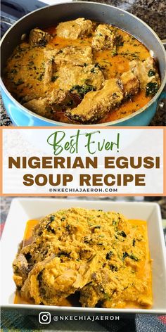 Nigerian egusi soup is one of the best soups in African cuisine. With a slightly yellow and reddish color and sprinkles of green leaves, this African soup is rich, flavor-packed, and hearty. This favorite soup is loved both at home and in the restaurant. Egusi soup is easy to make as it requires only a handful of ingredients, including ground egusi seeds, meat, dry fish, ground crayfish, and other ingredients. Most African countries and tribes generally enjoy it, especially Nigeria. In Nigeria, egusi is a show stopper and a well-referred soup! This spectacular soup is versatile and typically eaten with "swallow" such as fufu, garri/eba, pounded yam, amala, oat fufu. You can also pair egusi soup with plain white rice. 
What is Egusi Soup Made Of? What do people eat egusi soup with? #Egusi African Soup, Egusi Soup Recipes, Pounded Yam, Egusi Soup, Best Soups, Soup Video, Oxtail Recipes