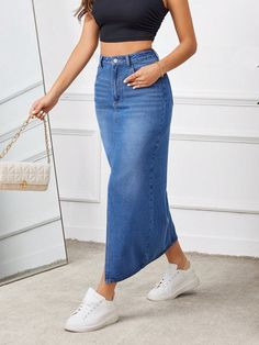 Medium Wash  Collar  Denim Plain Pencil Embellished Non-Stretch  Women Clothing Black Denim Skirt Outfit, Jean Azul, Denim Skirt Outfit, Skirt Outfit Ideas, Denim Skirts Knee Length, Long Skirt Outfits, White Denim Skirt