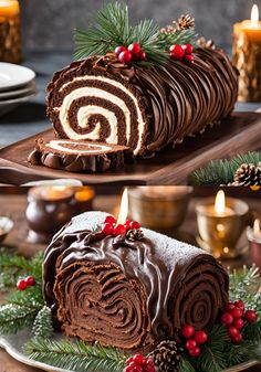 a chocolate roll on a platter with christmas decorations