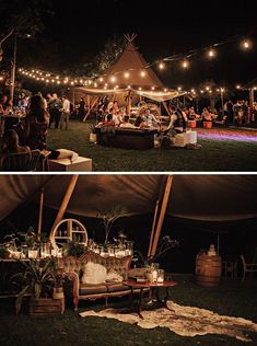 two pictures of a tent with people sitting in it at night and on the ground