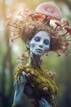 a woman with blue makeup and hair covered in plants, mushrooms and flowers on her head