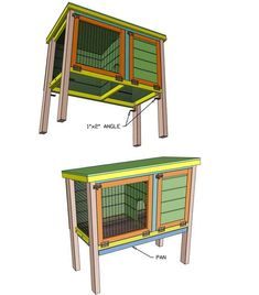 the plans for an outdoor rabbit hutch are shown in two different colors and sizes