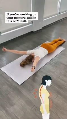 a woman is doing yoga on a mat with an ad in the background that reads, if you're working on your posture, add this aty drilli