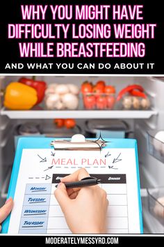 a person writing on a clipboard in front of an open refrigerator with the words why you might have difficulty losing weight while breastfeeding and what you can do about it