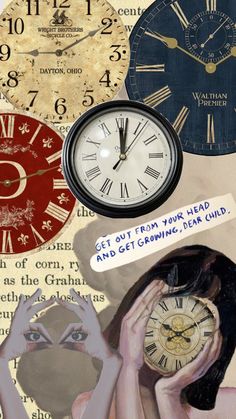 a collage of different clocks with text on them