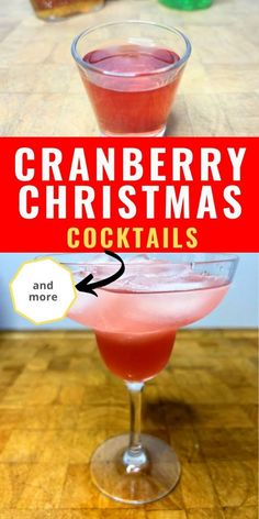 the cranberry christmas cocktail is in a coupe glass with an arrow pointing to it