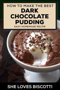 a white bowl filled with chocolate pudding on top of a table