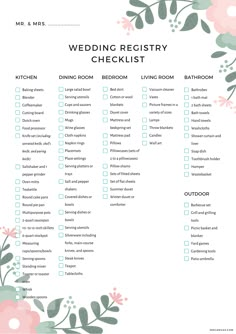 the wedding checklist is shown with pink flowers and green leaves on it, as well as