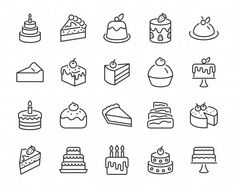 different types of cakes and pies are shown in this image, including cake slices