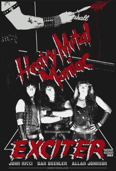 the poster for heavy metal mania exciter, featuring three women in black and red