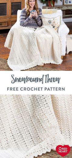 a woman sitting on a couch in front of a white crocheted blanket with text overlay that reads snowbound throw free crochet pattern