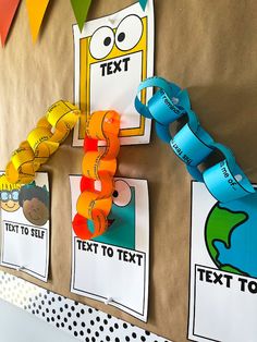 the bulletin board is decorated with colorful paper and some magnets to help students learn how to read