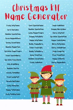 the christmas elf name generator is shown in red and green, with two elves standing next to each other