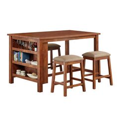 a wooden table with two stools and a book shelf underneath it on a white background