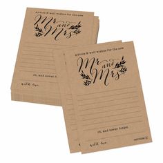 two wedding cards with the words mr and mrs written on them, one is in black ink