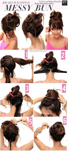 top-bun-with-bangs via Messy Bun Hairstyles, Easy Hairstyles For Long Hair, Tutorial Diy, Messy Hairstyles, Messy Bun, Gorgeous Hair, Hair Updos, Diy Hairstyles