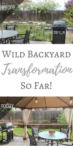 a backyard patio with an umbrella over it and the words wild backyard transformed so far