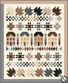 a quilt pattern with houses and trees on the front, in shades of brown, beige and white