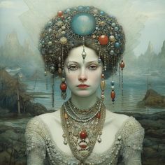 a painting of a woman with many necklaces and pearls on her head, in front of a body of water