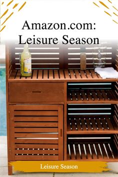 an advertisement for the amazon com leisure season, featuring a wooden cabinet with sliding doors