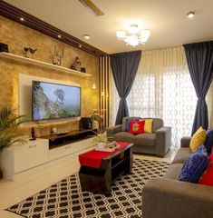 a living room filled with furniture and a flat screen tv on top of a wall