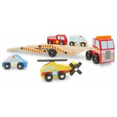 wooden toy vehicles are arranged in a row on a white background with an airplane, car, and helicopter