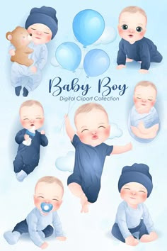 baby boy digital clipart collection with blue balloons and teddy bears in the sky, on a light blue background