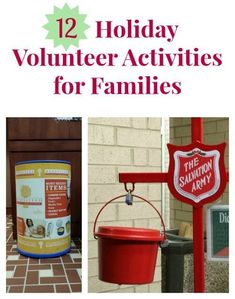 two buckets and a sign with the words holiday volunteer activities for families on them