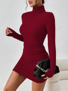 Main fabric composition: polyester (polyester fiber) Cross border style type: elegant temperament        -chiquechics Xmas Party Dresses, Dresses Elegant Long, Dress For Christmas, Wine Red Dress, Ribbed Dress, Ladies Gown, Mini Robes, Versatile Dress, Long Sleeve Turtleneck