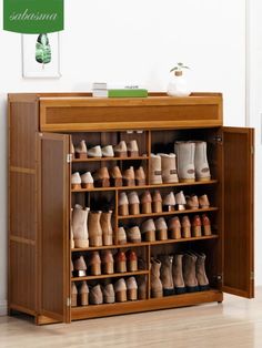 a wooden shoe rack filled with lots of shoes