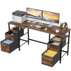 a computer desk with two monitors on it and drawers under the desk, next to a printer