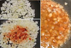 three pictures show onions and other ingredients being cooked in a wok on the stove