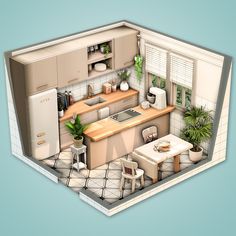 an overhead view of a kitchen and dining area