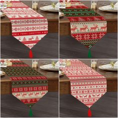 four pictures show the same table cloth with different patterns on it and one has a green tassel