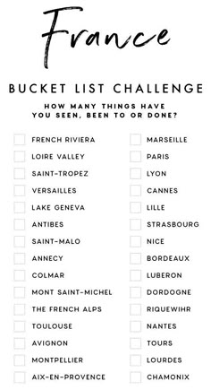 the france bucket list is shown in black and white