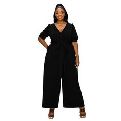 This jumpsuit combines fashion and function, boasting a flattering surplice top, convenient pockets, and a waist tie that accentuates your curves. The wide legs add a touch of sophistication, while the pull-on closure ensures comfort and ease. Plus Jumpsuit, Mid Size Fashion, Jeweled Shoes, Pocket Jumpsuit, Apple Shape, Surplice Top, Jumpsuit Black, Mid Size, Slim Fit Shorts