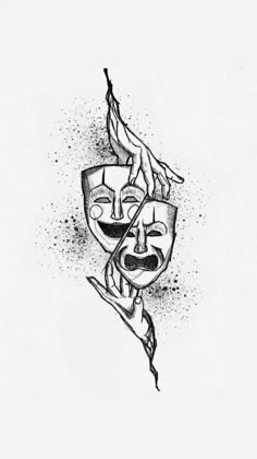 a black and white drawing of a mask with a knife in it's mouth