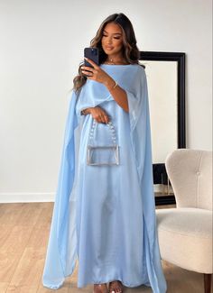 Sky Blue Satin Dress, Satin Evening Dress, Blue Satin Dress, Elegant Dresses Classy, Modesty Fashion, Elegant Aesthetic, Elegante Casual, Arab Fashion, Hijabi Fashion