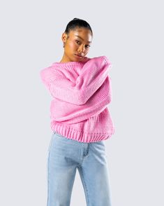 You can never go wrong with a simple and sleek moment 💕 This two-piece set pairs a pink chunky sweater top with blue denim straight leg jeans for the perfect cute and cozy everyday look 😚 Trendy Cotton Chunky Knit Sweater, Trendy Chunky Knit Cotton Sweater, Everyday Oversized Pink Sweater, Oversized Pink Sweater For Everyday, Pink Oversized Everyday Sweater, Pink Cotton Trendy Sweater, Casual Pink Everyday Sweater, Pink Casual Everyday Sweater, Casual Pink Sweater For Everyday