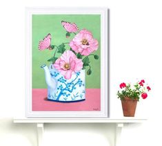 a painting of pink flowers in a blue and white vase on a shelf next to a potted plant