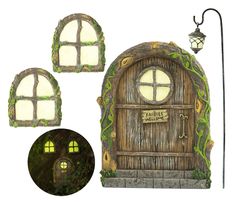 an image of a fairy door with windows and a light on the outside, next to a lamppost