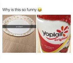 yogurt is sitting on the floor next to a plate with an empty yogurt in it