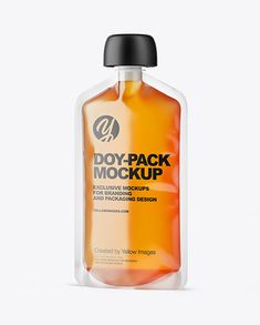 a bottle of orange liquid on a white background with a black cap that says doy - pack mockup