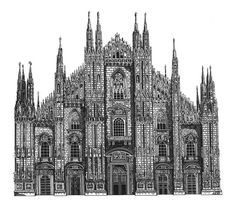 a black and white drawing of a building with many windows on the front, surrounded by tall spires