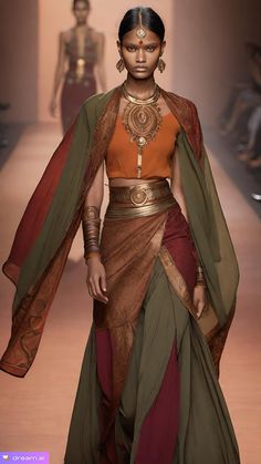 Middle Eastern Royalty Fashion, Indegenious Fashion, Arabian Nights Fashion, Flowy Indian Outfits, Romani Clothing Traditional, Brown Gold Dress, Medieval Indian Clothing, Middle Eastern Inspired Fashion, Pre Islamic Arabian Fashion